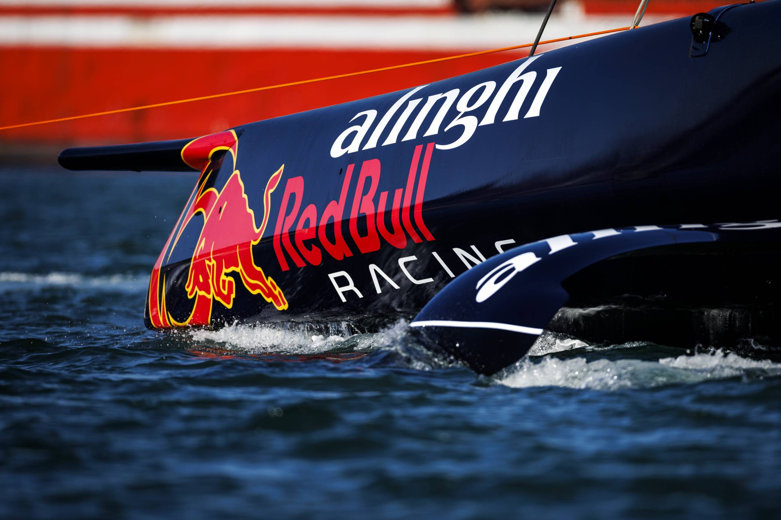 Close up on a AC75 raceboat with foils: The Swiss bathroom brand Laufen is supporting the Alinghi Red Bull Racing Team in this year