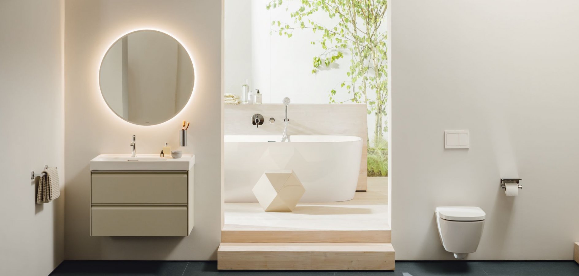LAUFEN bathroom collection series MEDA, with washbasin, sink, faucet, bathtub, including bath furniture, Peter Wirz design