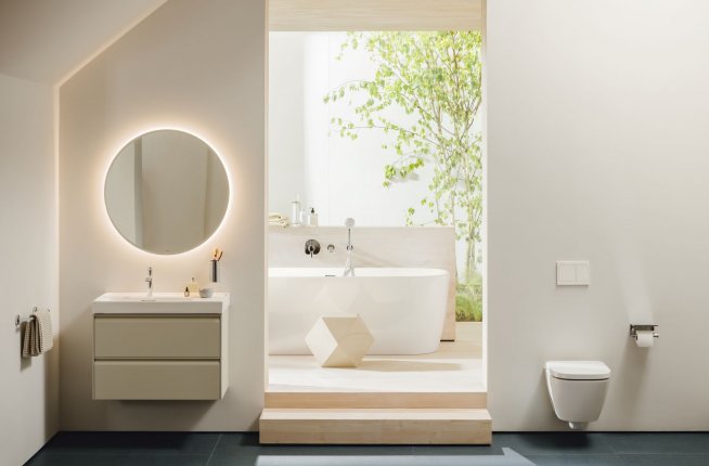 LAUFEN bathroom collection series MEDA, with washbasin, sink, faucet, bathtub, including bath furniture, Peter Wirz design